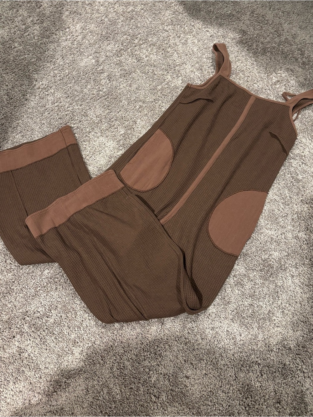 Free people inspired Brown Women's Waffle Knit Jumpsuit with Patch Pockets